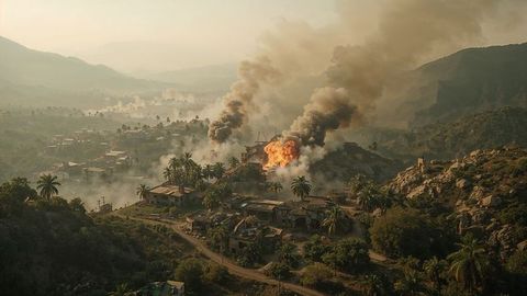 Dramatic landscape with airstrikes fire and rising smoke in remote valley