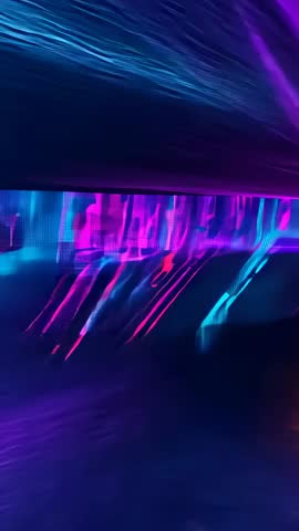 Vertical neon LED motion blur video showing shifting gallery reflections purple blue glow
