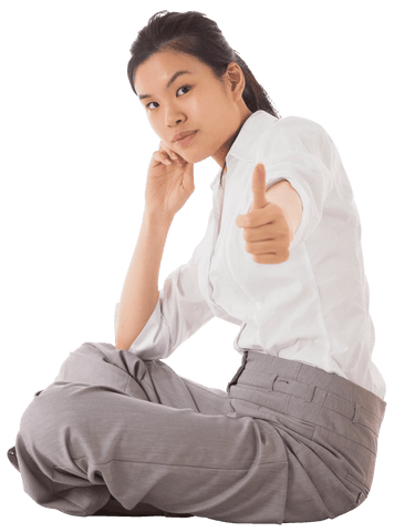Transparent Businesswoman Sitting with Thumbs Up