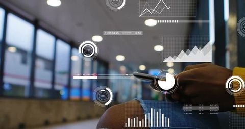 Urban Commuter Analyzing Data on Smartphone with Futuristic Overlays