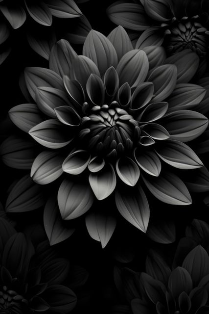 Detailed close-up of a dahlia flower in black and white. Ideal for artwork, wallpapers, nature-themed projects, greeting cards, and design elements.