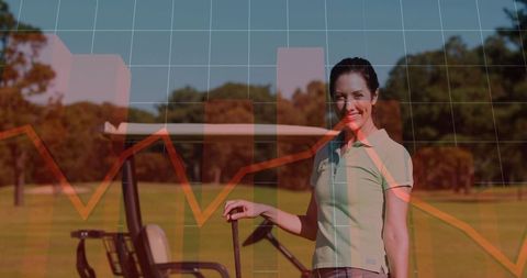 Smiling Woman with Golf Club Outdoors with Graph Overlay