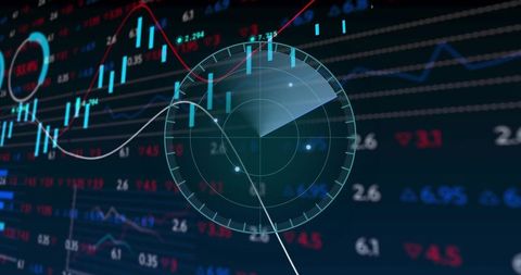 Circular hud projecting real-time market analytics over dark trading dashboard with candlesticks