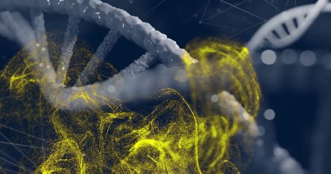 DNA Strand with Digital Yellow Particles in Biotech Research