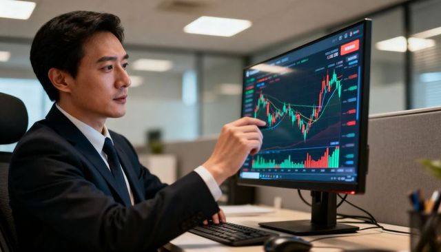 Financial analyst pointing at live candlestick chart on office monitor for trading insights