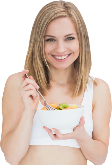 Young Smiling Woman Eating Fresh Fruit Salad on Transparent Background - Download Free Stock Videos Pikwizard.com