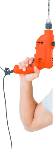 Hand holding bright orange drill with black cord on transparent background