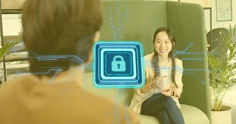 Casual Workplace Conversation with Interconnected Lock Overlay