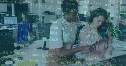 Team Analyzing Data with Financial Information Overlay