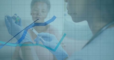 Nurse drawing from vial with overlaid charts indicating medical analysis