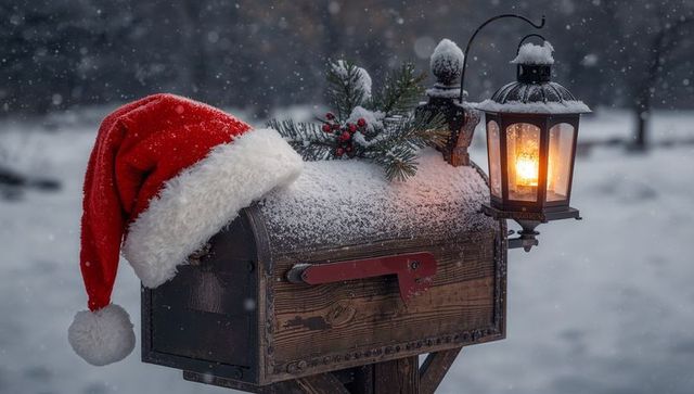 Rustic snow-covered mailbox wearing santa hat with glowing lantern and pine sprig