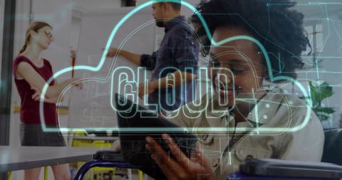 Team collaborating in modern office with ai cloud technology overlay