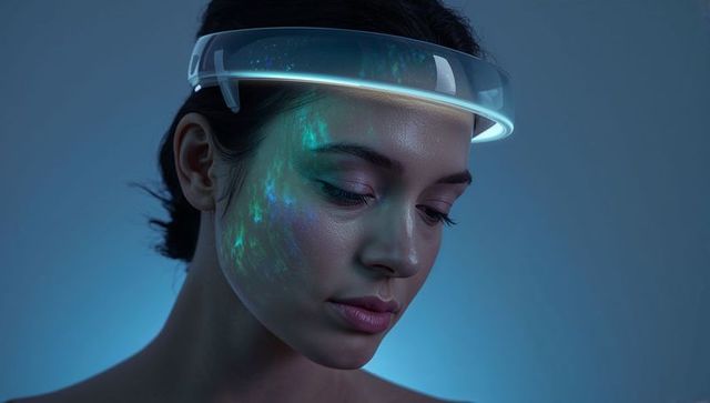 Young woman wearing futuristic ar headband projecting holographic teal light on cheek