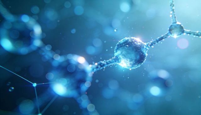 Glowing Molecular Chain Connecting Nanoparticles in Blue Liquid with Bokeh Light for Nanotech