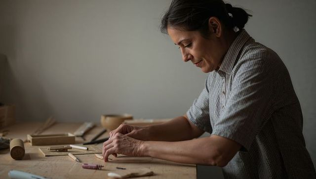 Midlife Woman Carving Wood Blocks in Dim Workshop, Focused Artisan Working at Bench