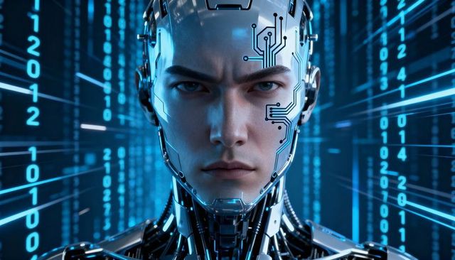 Futuristic humanoid cyborg with facial circuitry, chrome cranial armor and binary data backdrop