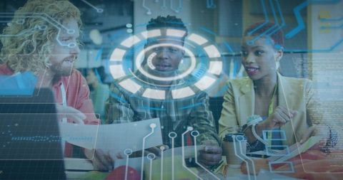 Diverse team collaborating with augmented reality interface in modern open office