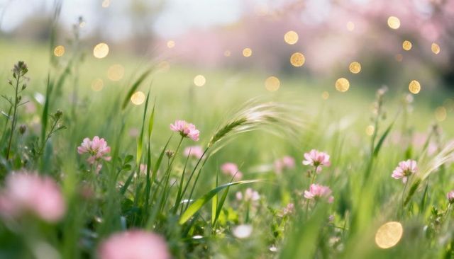 Blooming pink clover glowing with golden bokeh in sunlit spring meadow