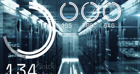 Futuristic Data Center with Rotating Geometric Shapes