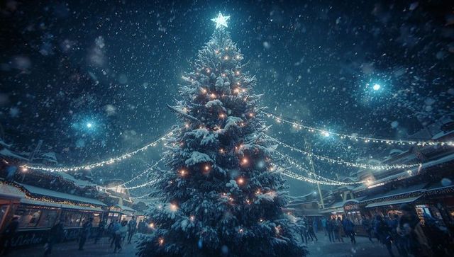 Festive Christmas Night Market with Illuminated Tree and Falling Snow