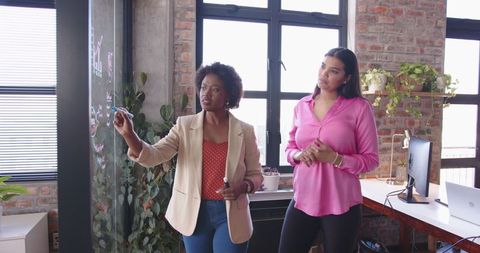 Diverse Coworkers Brainstorming with Glass Board in Modern Loft Office