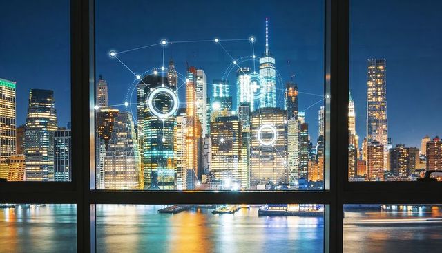 Nighttime smart city skyline through window with glowing river reflection and network overlay
