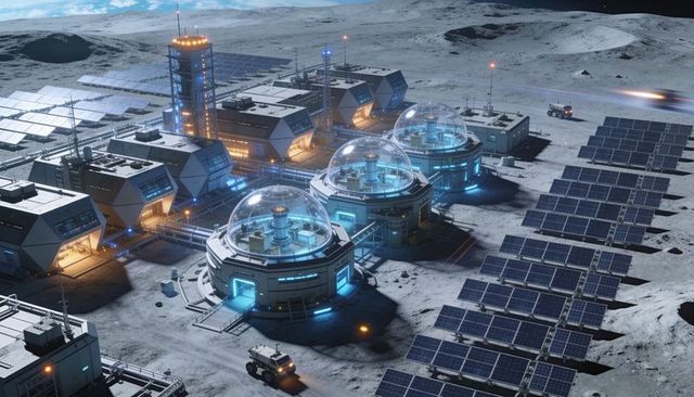Operating lunar base with transparent dome habitats, expansive solar arrays and rovers