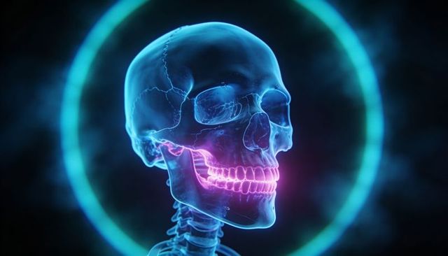 Floating Neon Skull Glowing Teeth and Cervical Spine with Teal Halo and Vapor
