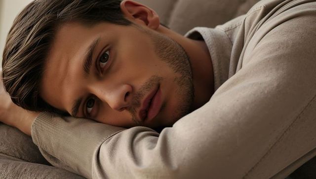 Intimate closeup of contemplative young man resting on beige sofa, soft natural light