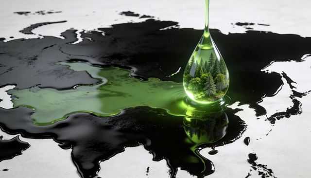 Floating emerald droplet holding miniature forest over oil spill, environmental concept