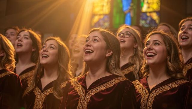 Joyful female choir singing in maroon velvet robes, gold trim, beneath stained glass light