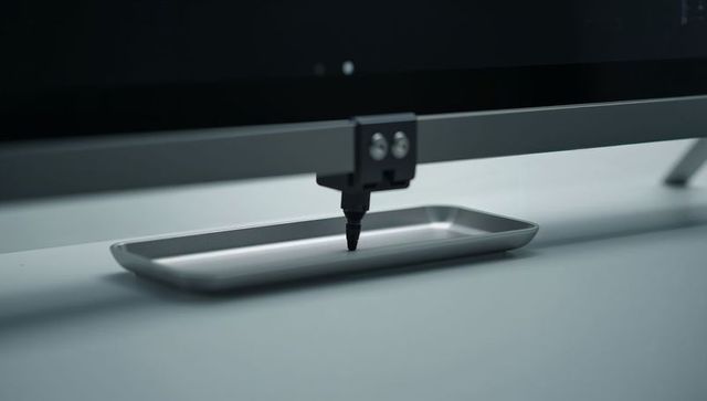 Minimalist metal tray under precision nozzle on industrial rail, monochrome metallic