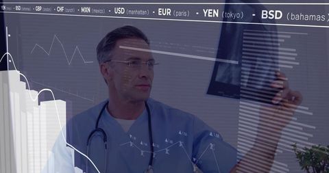 Doctor Analyzing X-Ray With Financial Data Overlay in Modern Clinic