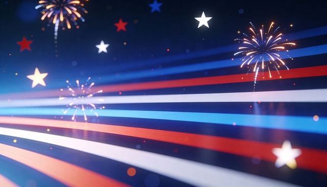 Patriotic red white blue stripes curving into horizon celebrating fireworks and stars