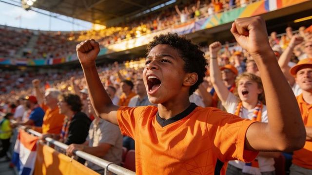 Cheering teenage fan pumping fists and celebrating in sunlit stadium crowd wearing orange