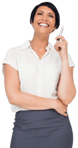 Happy Biracial Businesswoman Smiling Holding Pen on Transparent Background