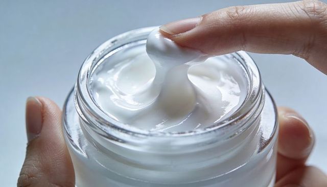Scooping finger lifting rich white moisturizer from glass jar closeup for beauty branding