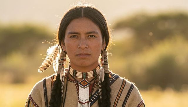 Standing indigenous woman wearing traditional regalia and beaded choker in golden prairie light