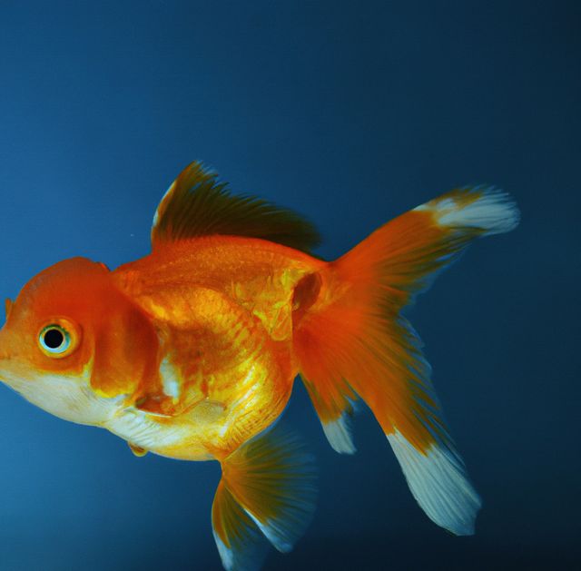Image of close up of gold fish swimming in tank on blue background. Fish, underwater life and nature concept.