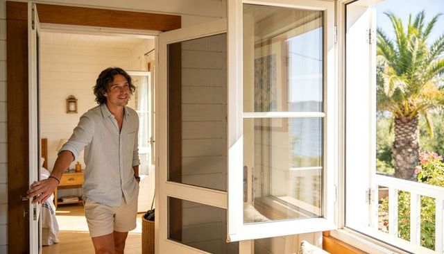 Man standing in sunlit coastal bungalow doorway holding open door toward balcony view