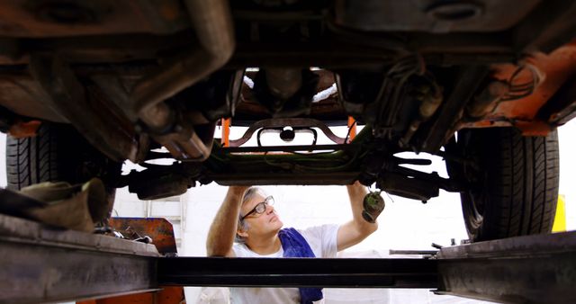 Mechanic inspecting underside of vehicle on lift in garage - Download Free Stock Images Pikwizard.com