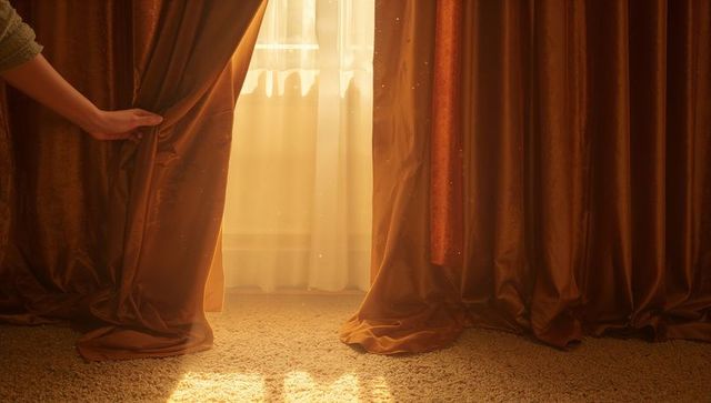 Hand parting sunlit velvet curtains revealing sheer drape and warm morning glow