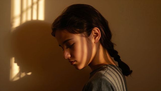 Teen standing in warm window light, braided hair and contemplative profile with shadow