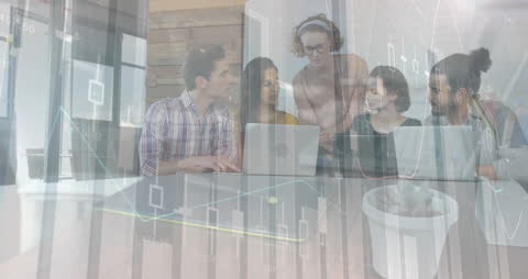 Multicultural Team Analyzing Data with Innovative Technology Overlay