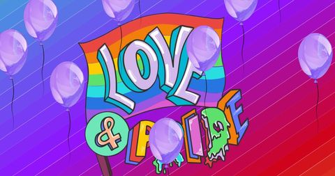 Vibrant Pride Celebration with Love and Pride Text and Balloons