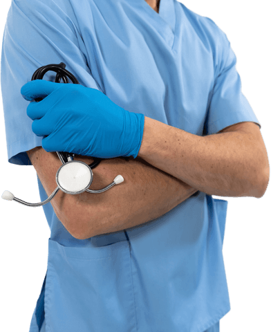 Mid section of healthcare professional in blue scrubs holding a stethoscope with gloved hands. Excellent for use in medical promotional materials, healthcare advertisements, or articles discussing medical professions.