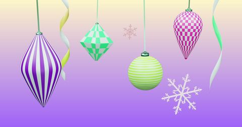 Colorful Christmas Ornaments with Snowflakes on Purple Background