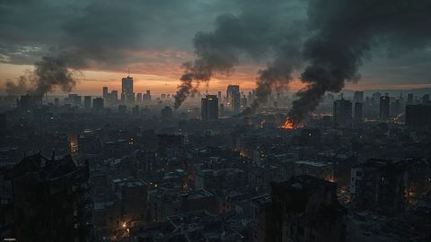Urban airstrikes destruction at dusk with burning ruins and skyscrapers