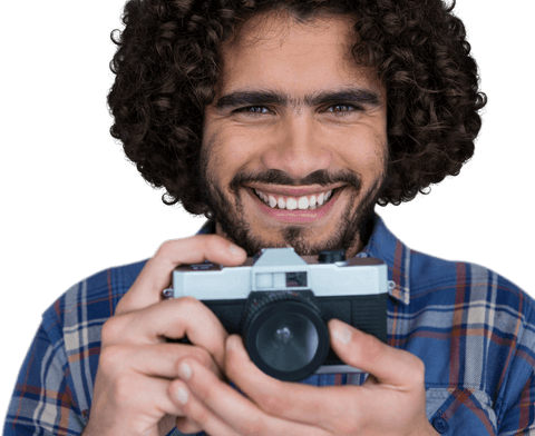 Young Photographer Smiling with Vintage Camera on Transparent Background - Download Free Stock Videos Pikwizard.com