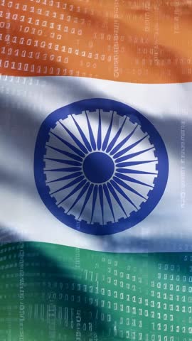 Tricolor Flag Waving with Binary Code Streaming over Ashoka Chakra, Digital Patriotism